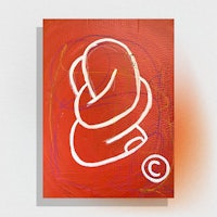 a piece of art with a drawing of a hand on a red background