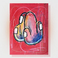 a painting of a pair of shoes on a red background