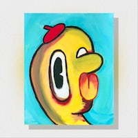 a painting of a yellow bird with a red hat