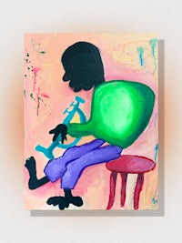 a painting of a man sitting on a stool