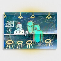 a drawing of a man sitting at a bar