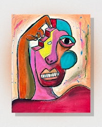 a colorful painting of a man with a hat on his head