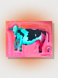 a painting of a cow on a pink background