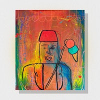 a painting of a man holding a balloon