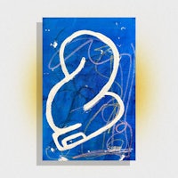 a blue painting with a white drawing on it