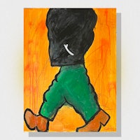 a painting of a man with a black hat and green shoes