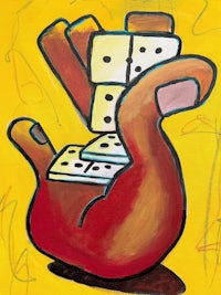 a painting of a red heart with dominoes on it