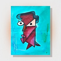 a painting of a man with red eyes on a blue background