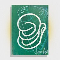 a green painting with a white spiral on it