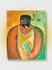 a painting of a man holding a hammer