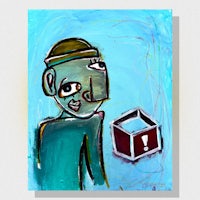 a painting of a man with a box in front of him