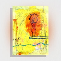 a drawing of a man on a yellow background