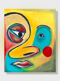 an abstract painting of a face with red eyes and blue eyes