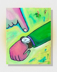 a painting of a hand pointing at a clock