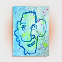 a painting with a blue face on a white background