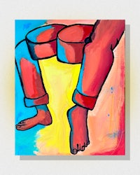 a painting of a person sitting on a stool