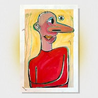 a painting of a man in a red shirt