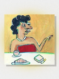 a painting of a woman sitting at a table