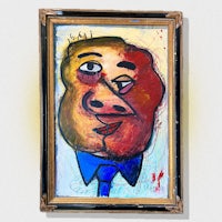 a framed painting of a man with a blue tie