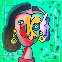 a painting of a woman with earrings on a green background